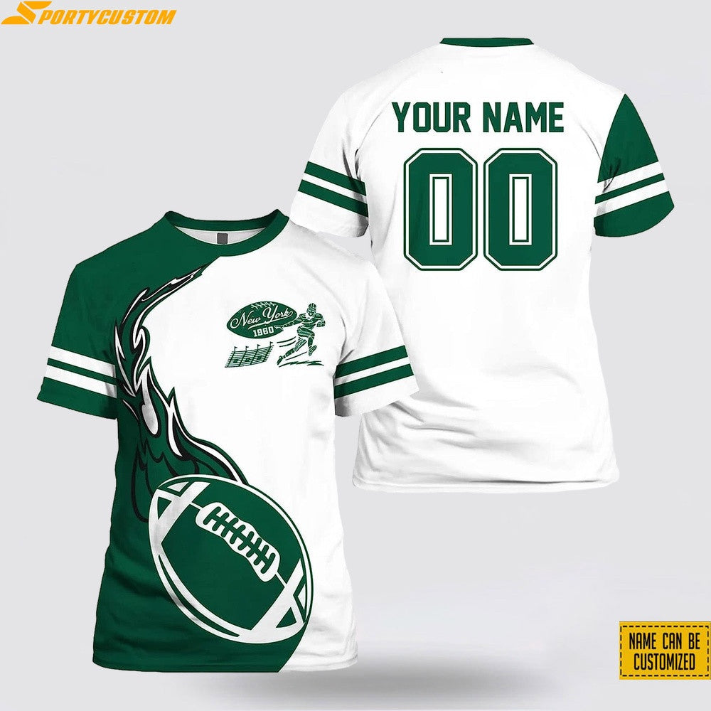 New York Jets Fireball Custom Name & Number All Over Printed T-Shirt - Green/White