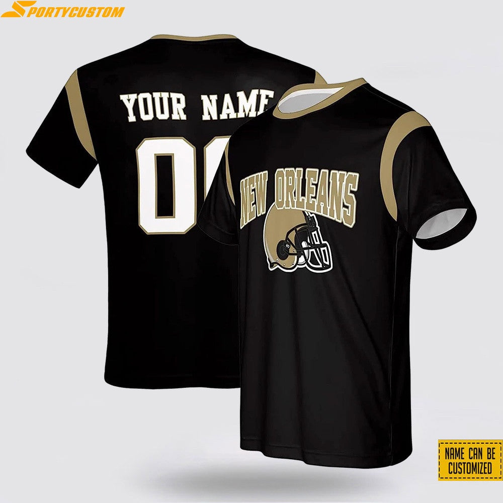 New Orleans Saints Helmet Custom Name & Number All Over Printed T-Shirt - Black