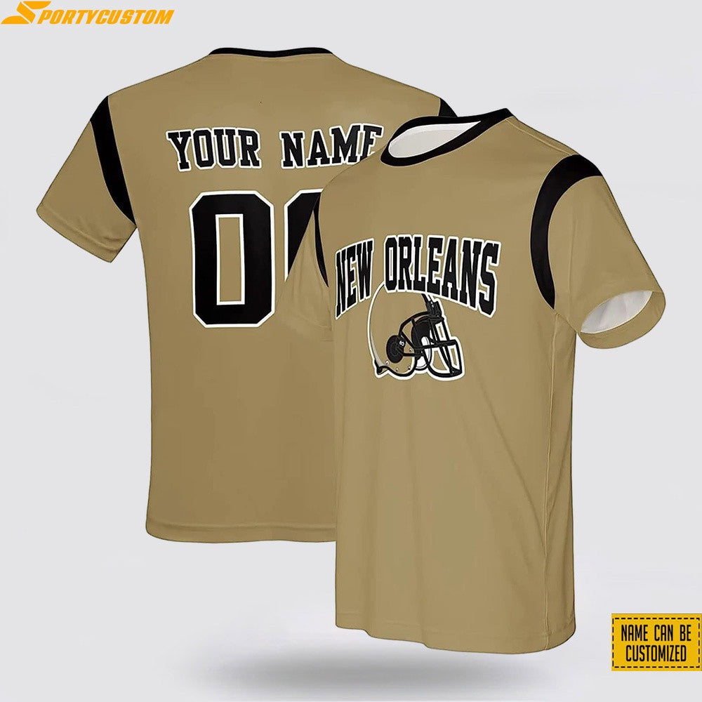 New Orleans Saints Helmet Custom Name & Number All Over Printed T-Shirt - Beige
