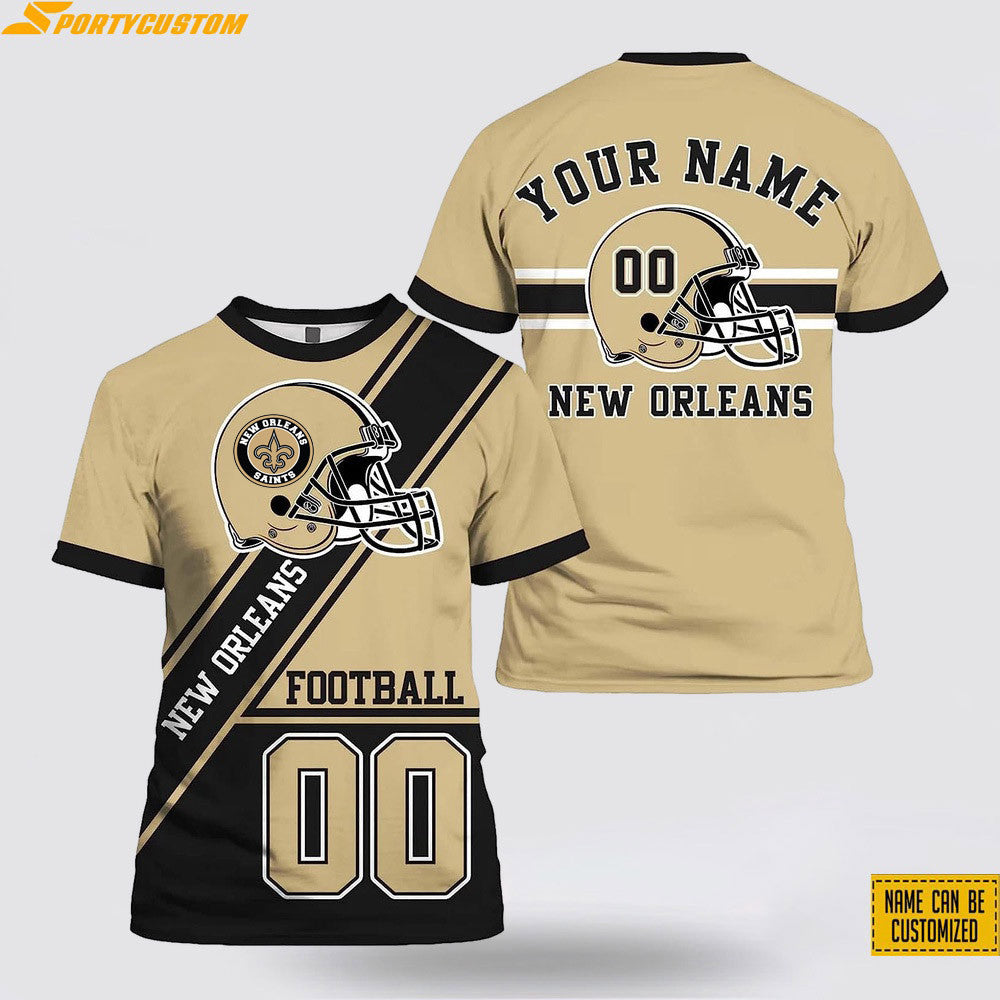 New Orleans Saints Helmet Custom Name & Number All Over Printed T-Shirt - Beige/Black