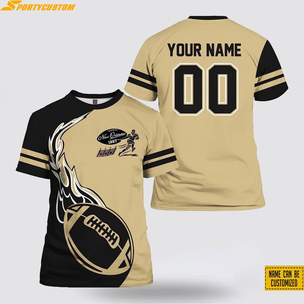 New Orleans Saints Fireball Custom Name & Number All Over Printed T-Shirt - Black/Beige