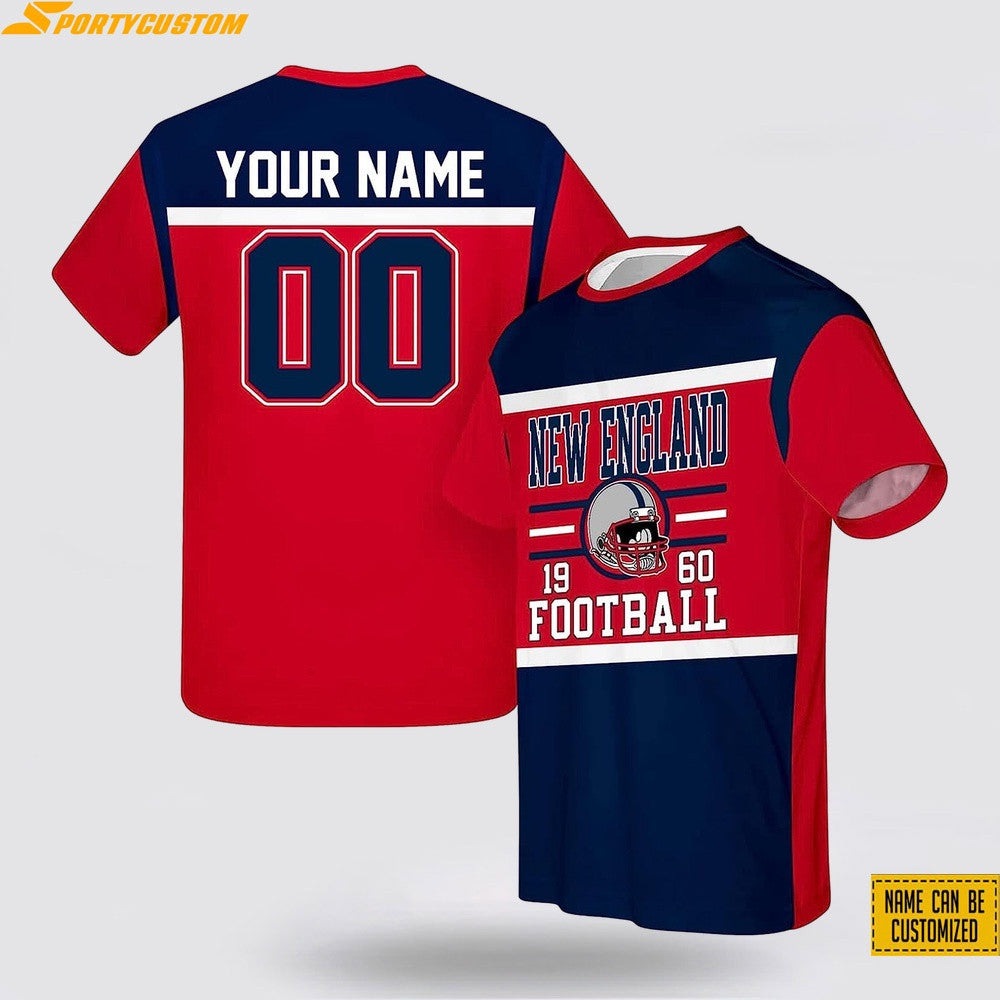 New England Patriots Helmet Football Custom Name & Number All Over Printed T-Shirt - Navy/Red