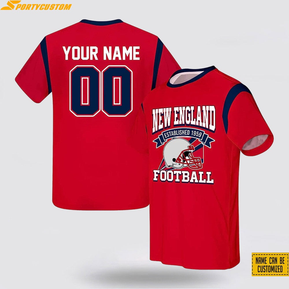 New England Patriots Helmet Football Custom Name & Number All Over Printed T-Shirt - Red