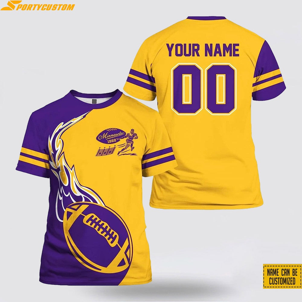 Minnesota Vikings Fireball Custom Name & Number All Over Printed T-Shirt - Purple/Gold