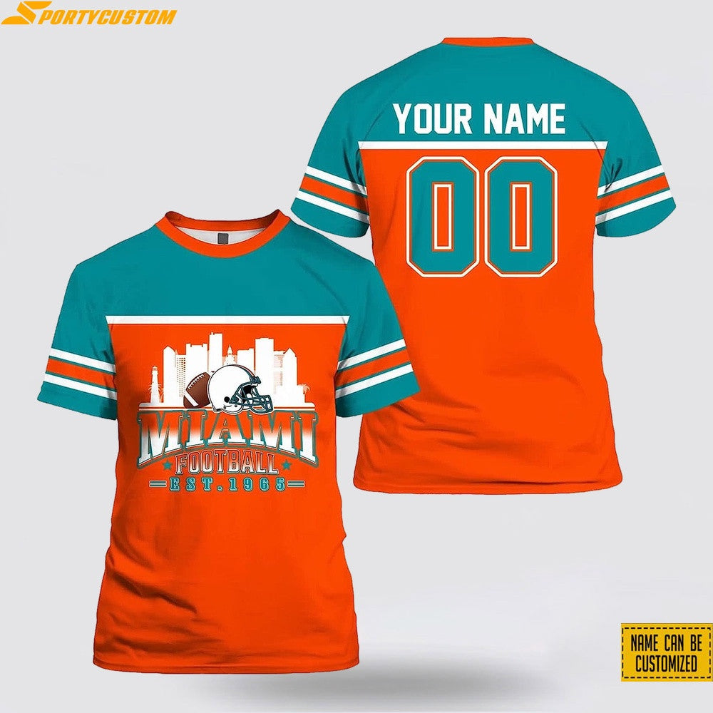 Miami Dolphins City Custom Name & Number All Over Printed T-Shirt - Aqua/Orange