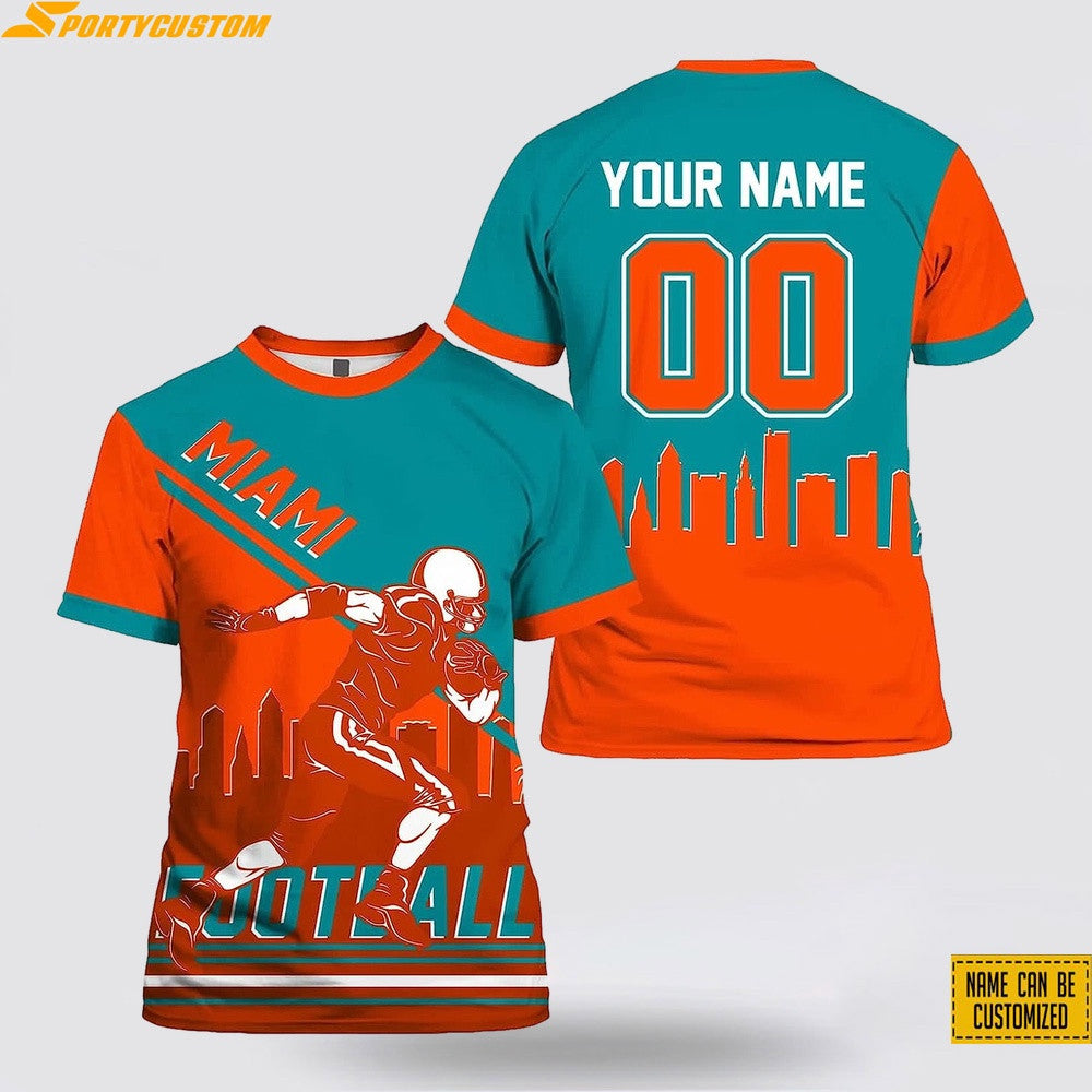 Miami Dolphins Player Custom Name & Number All Over Printed T-Shirt - Aqua/Orange