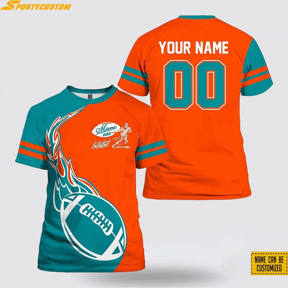 Miami Dolphins Fireball Custom Name & Number All Over Printed T-Shirt - Aqua/Orange