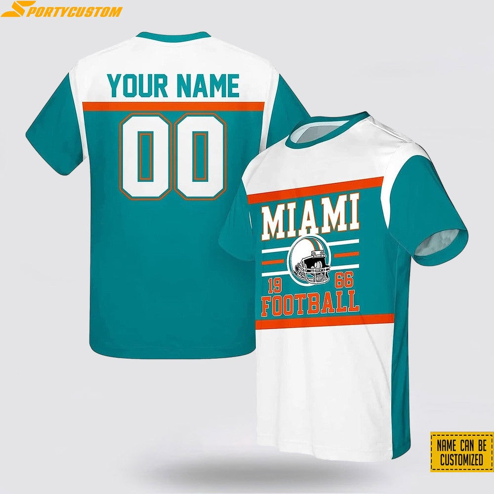 Miami Dolphins Helmet Football Custom Name & Number All Over Printed T-Shirt - White/Aqua