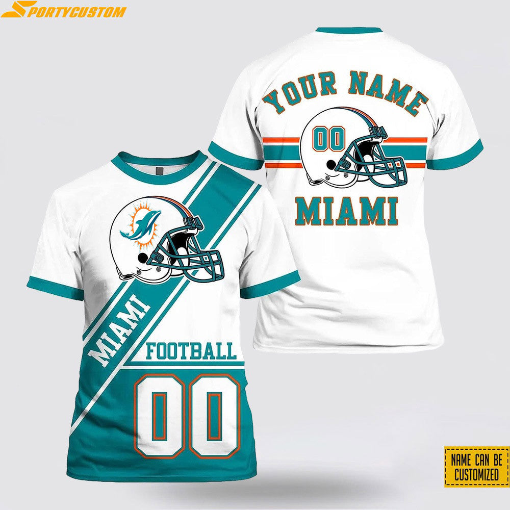 Miami Dolphins Helmet Custom Name & Number All Over Printed T-Shirt - White/Aqua