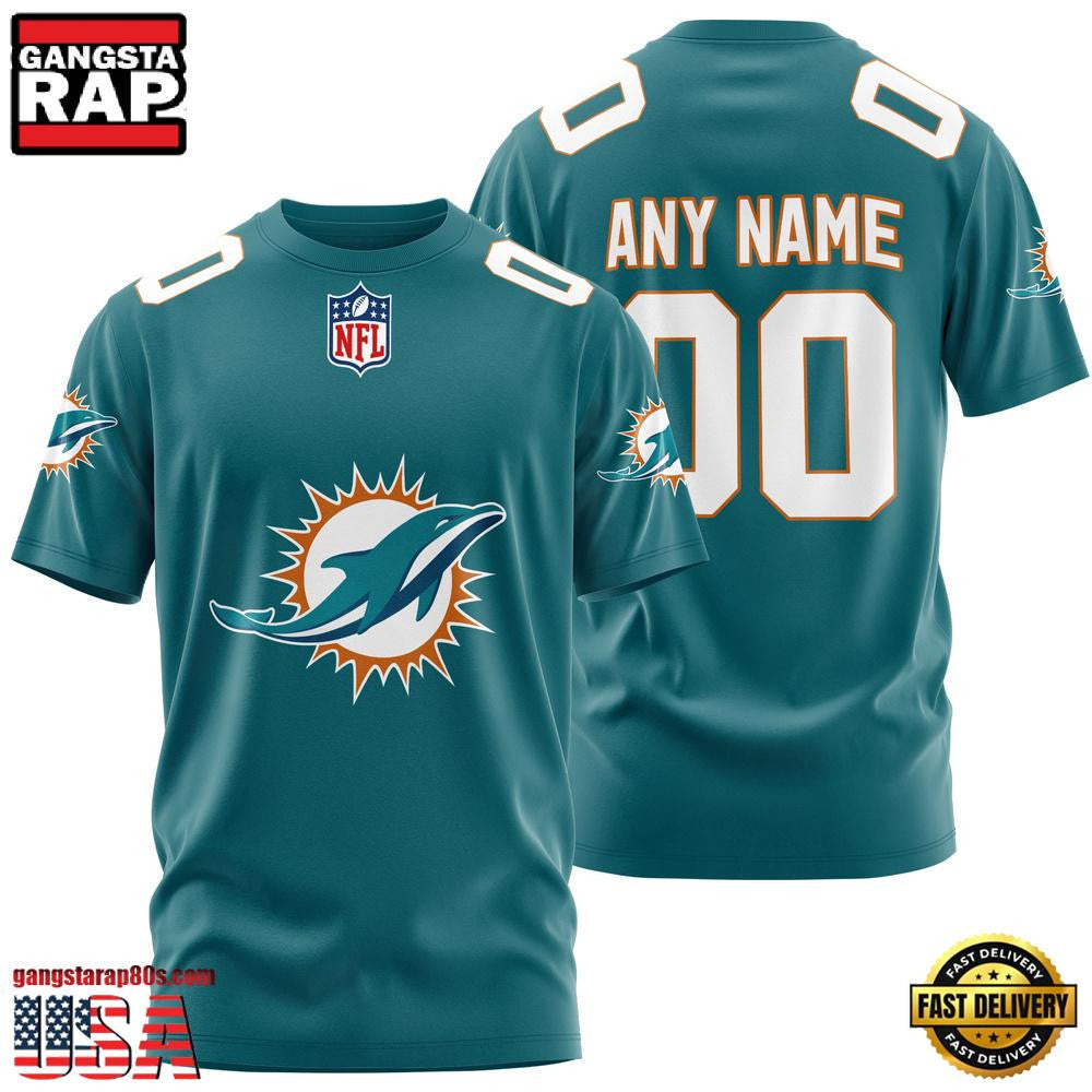 Miami Dolphins Team Sport Custom Name & Number All Over Printed T-Shirt - Aqua