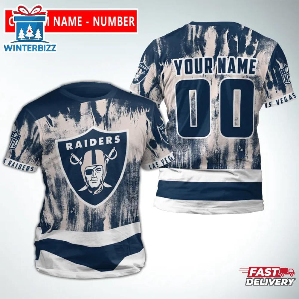 Las Vegas Raiders Color Bleeding Custom Name & Number All Over Printed T-Shirt - Navy/White