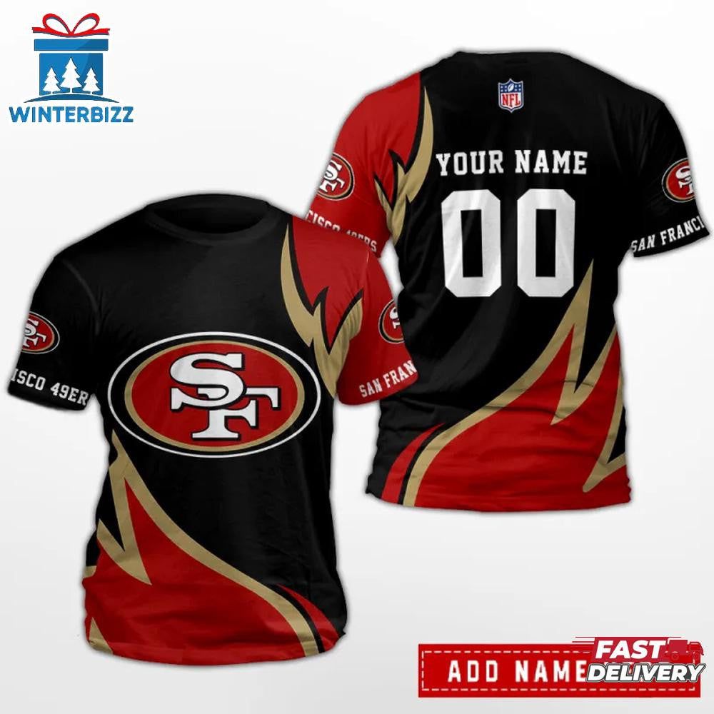 San Francisco 49ers Team Sport Flame Style Custom Name & Number All Over Printed T-Shirt - Black/Red