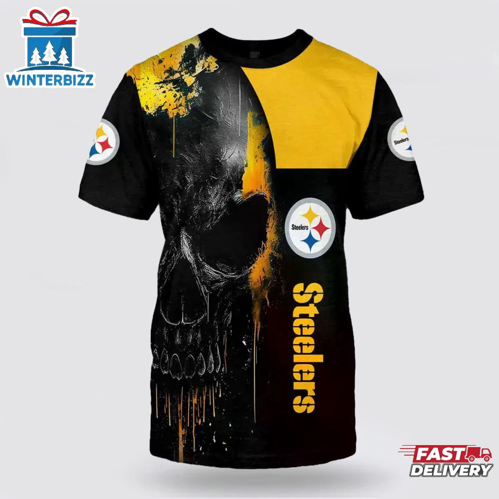 Pittsburgh Steelers Skull Face All Over Printed T-Shirt - Black