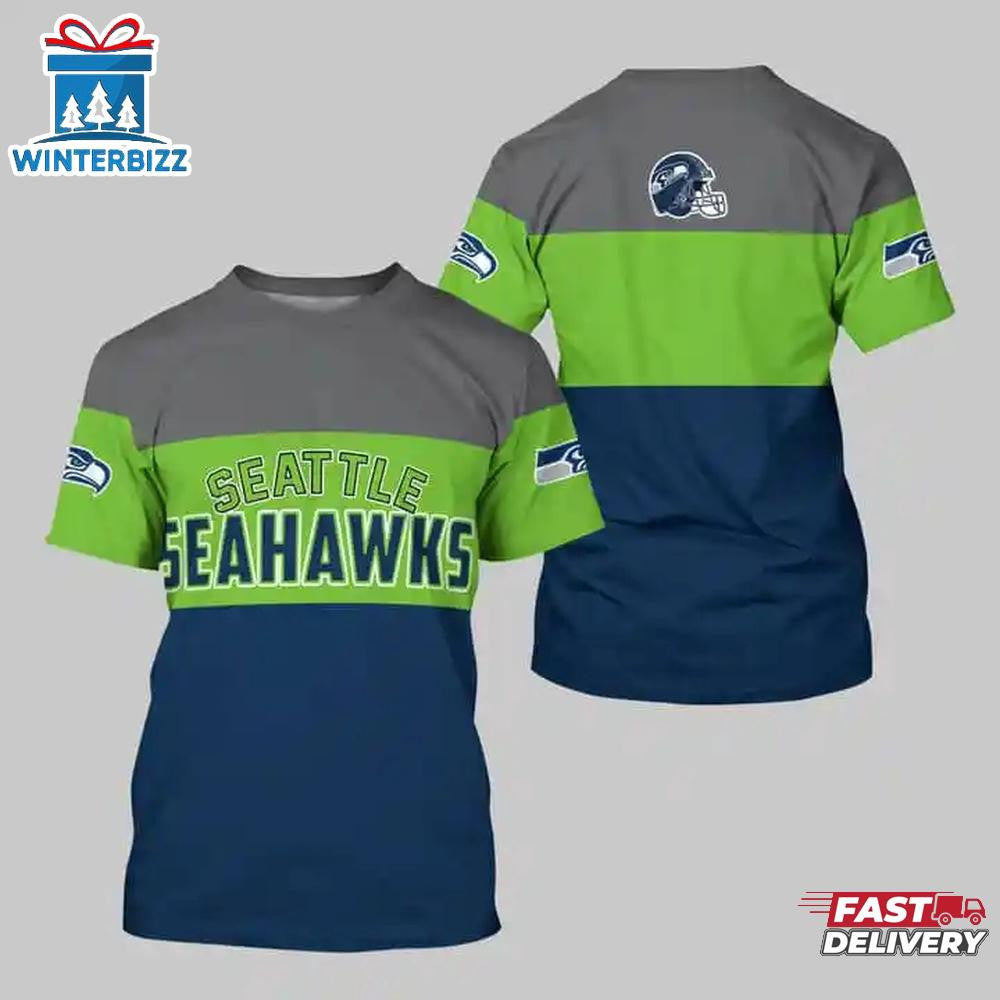 Seattle Seahawks Logo Team All Over Printed T-Shirt - Gray/Green/Navy