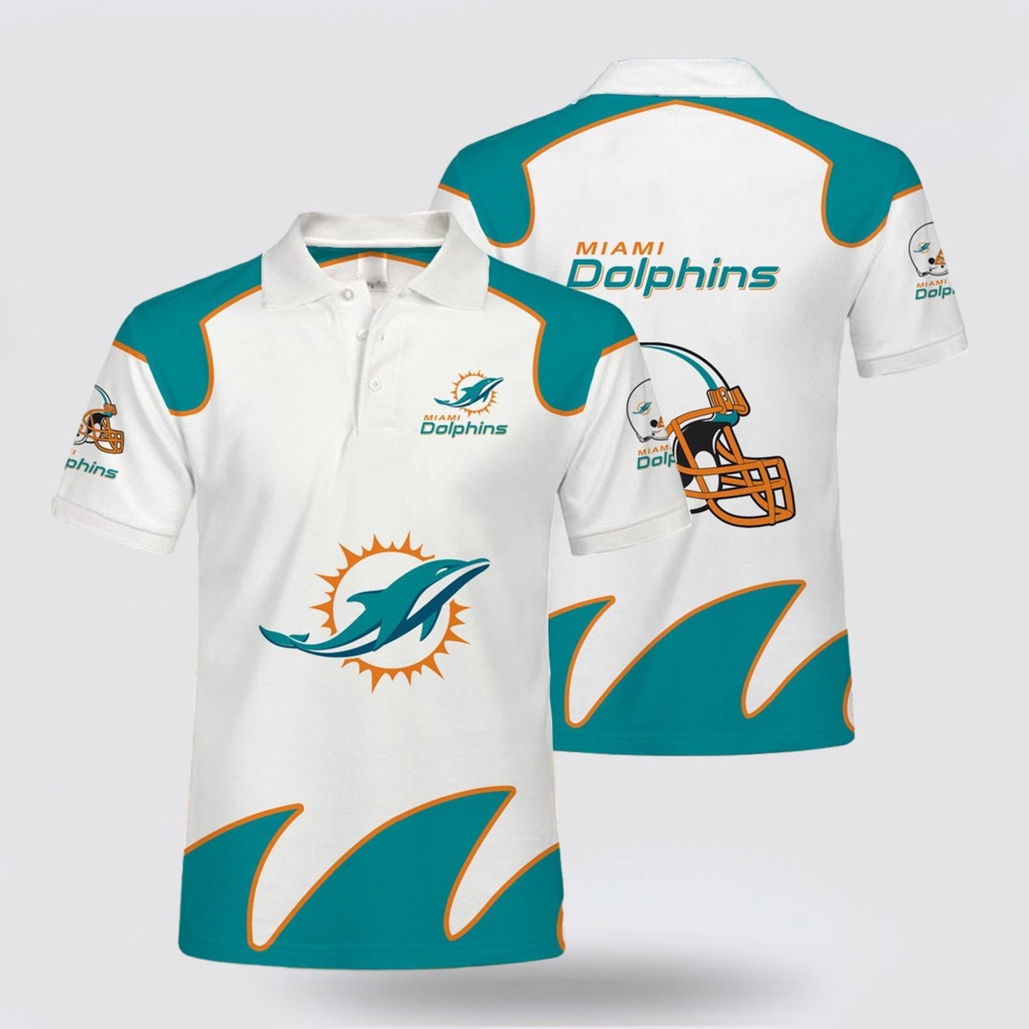 Miami Dolphins Curve Football Team Logo Design 3D Printed Polo Shirt - White