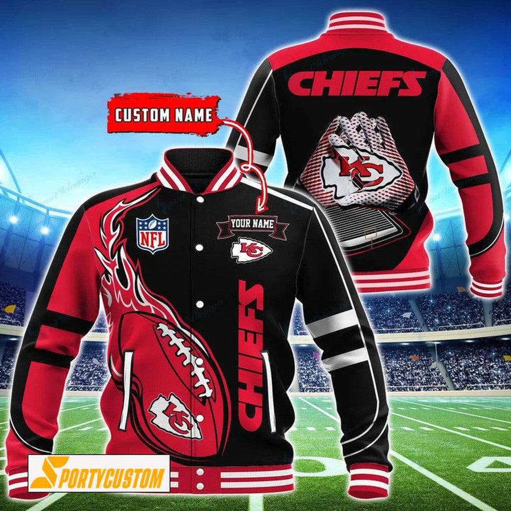 Kansas City Chiefs Fireball Custom Name Baseball Jacket Varsity Jacket - Black - All-Over-Printed Jacket