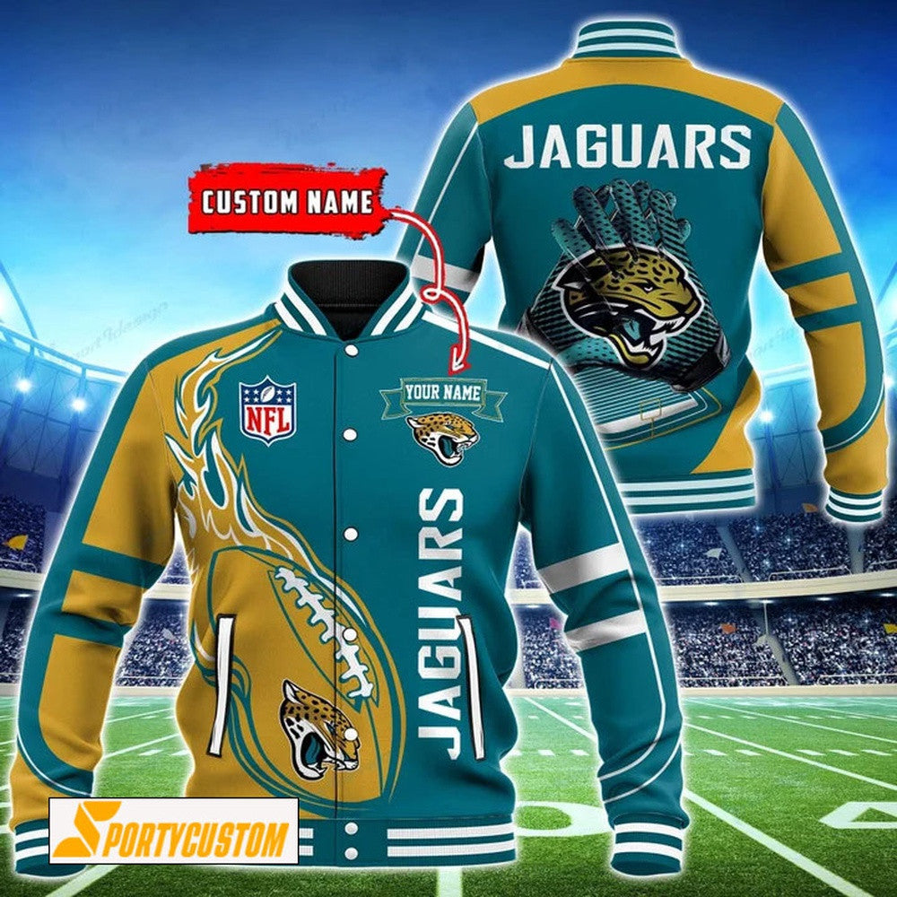 Jacksonville Jaguars Fireball Custom Name Baseball Jacket Varsity Jacket - Teal - All-Over-Printed Jacket