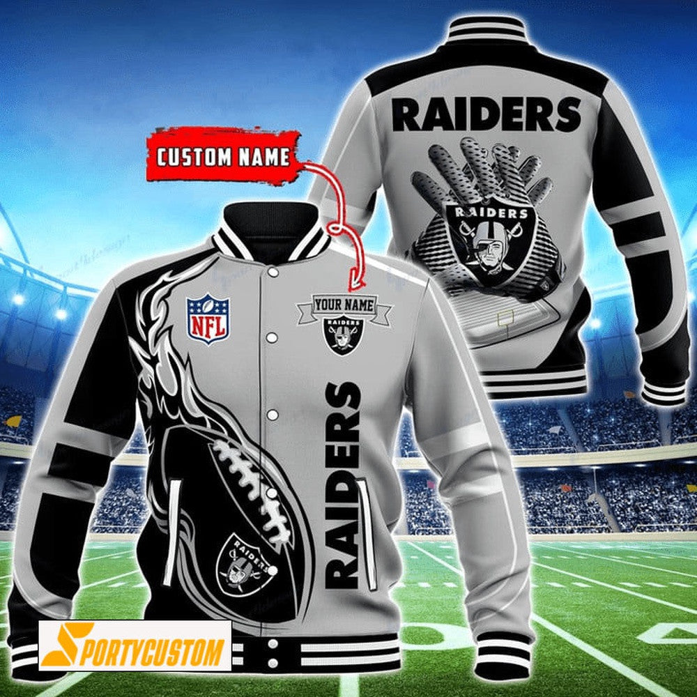 Las Vegas Raiders Fireball Custom Name Baseball Jacket Varsity Jacket - Silver - All-Over-Printed Jacket
