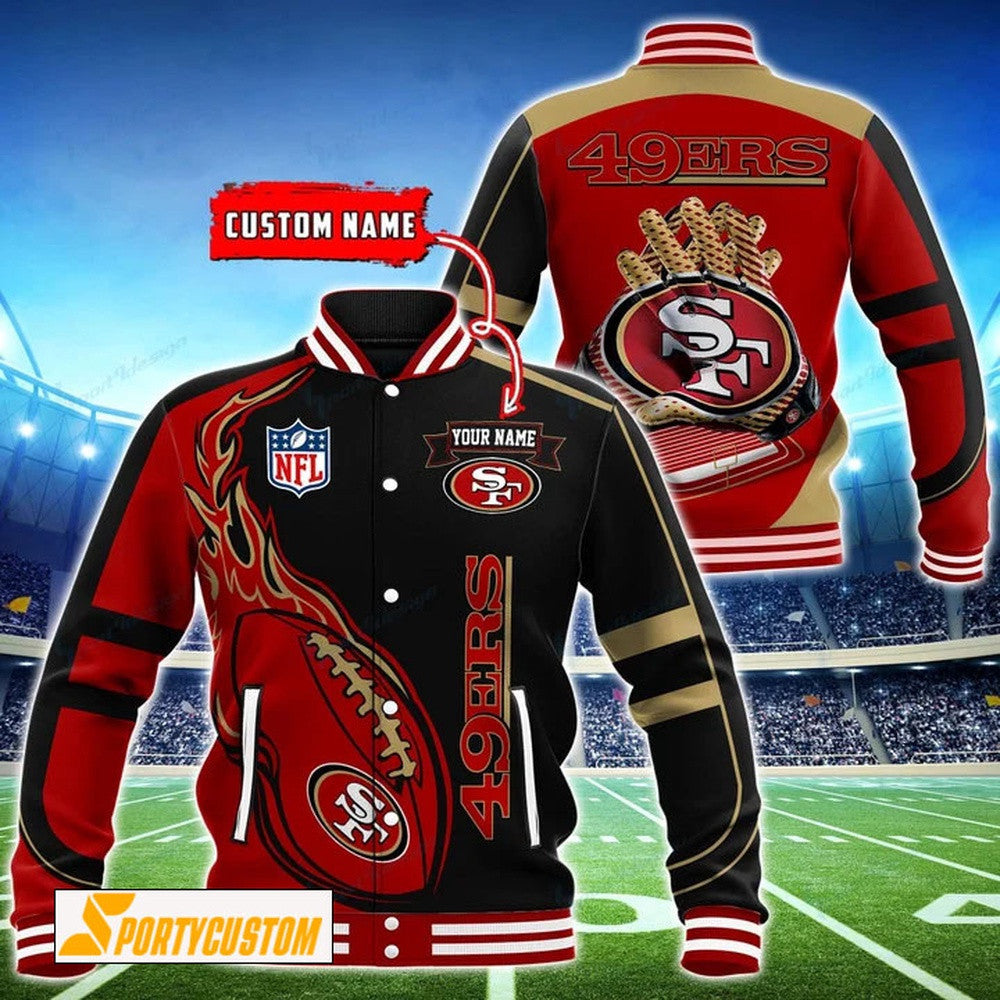 San Francisco 49ers Fireball Custom Name Baseball Jacket Varsity Jacket - Black - All-Over-Printed Jacket