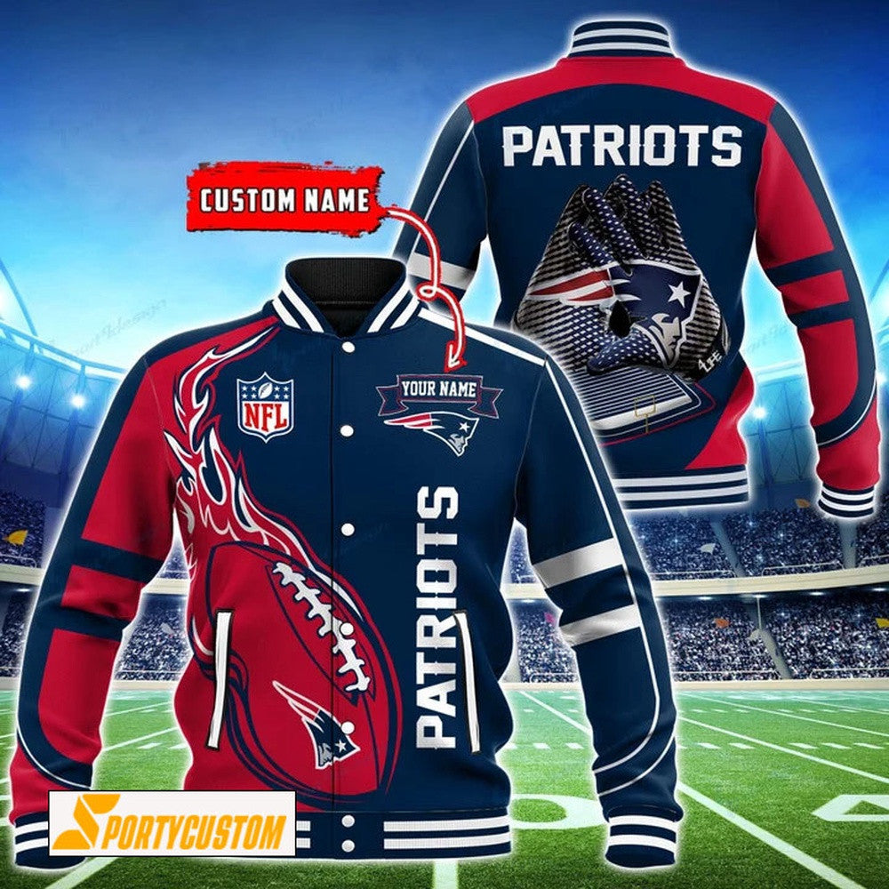 New England Patriots Fireball Custom Name Baseball Jacket Varsity Jacket - Navy - All-Over-Printed Jacket
