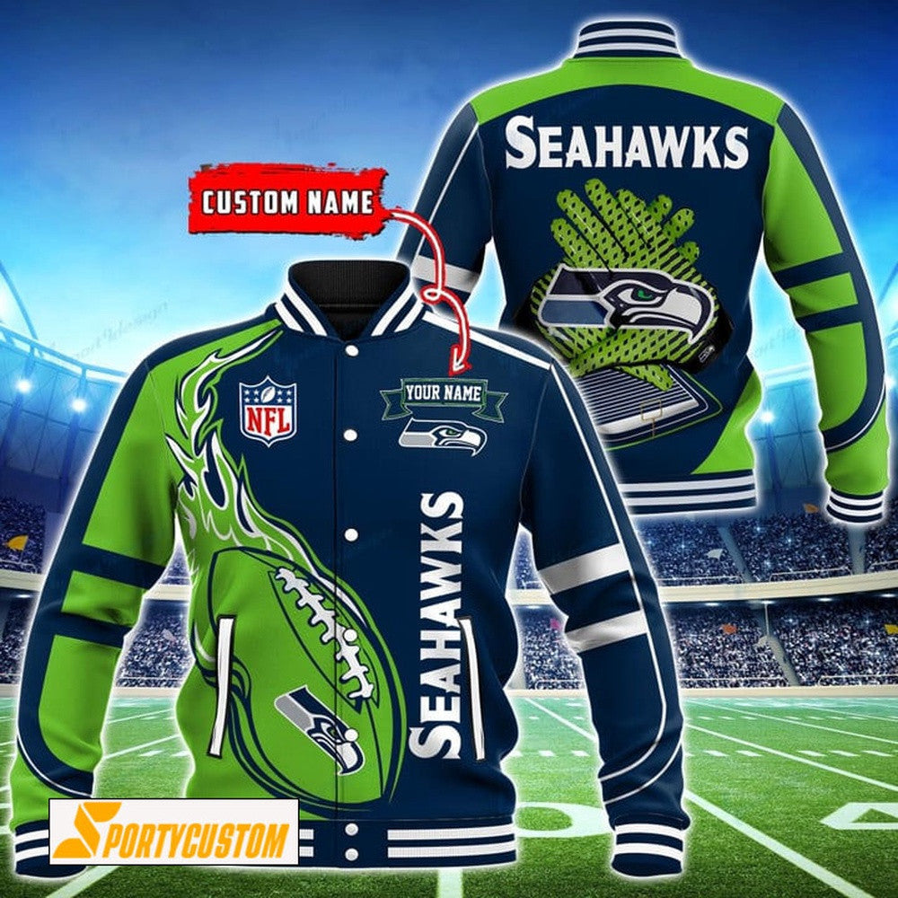 Seattle Seahawks Fireball Custom Name Baseball Jacket Varsity Jacket - Navy - All-Over-Printed Jacket