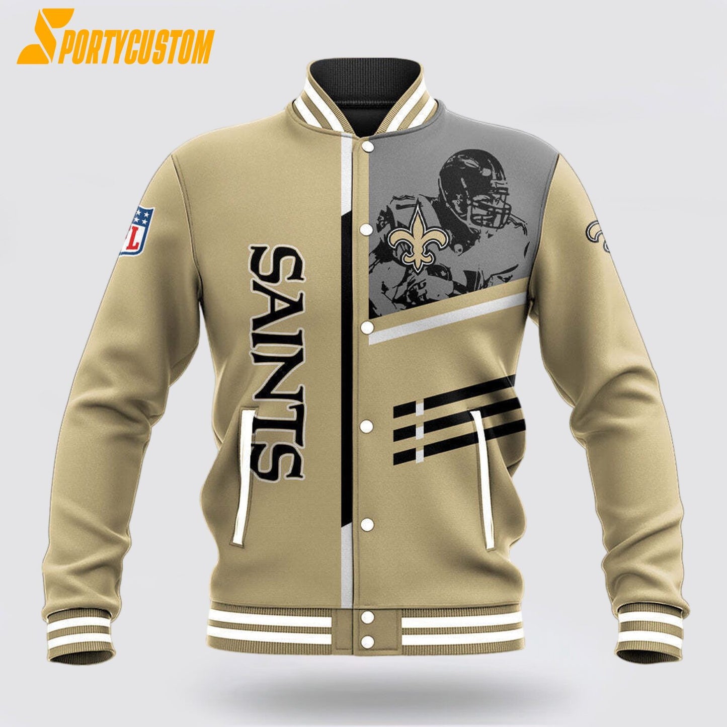 New Orleans Saints Player Baseball Jacket Varsity Jacket - Cream - All-Over-Printed Jacket