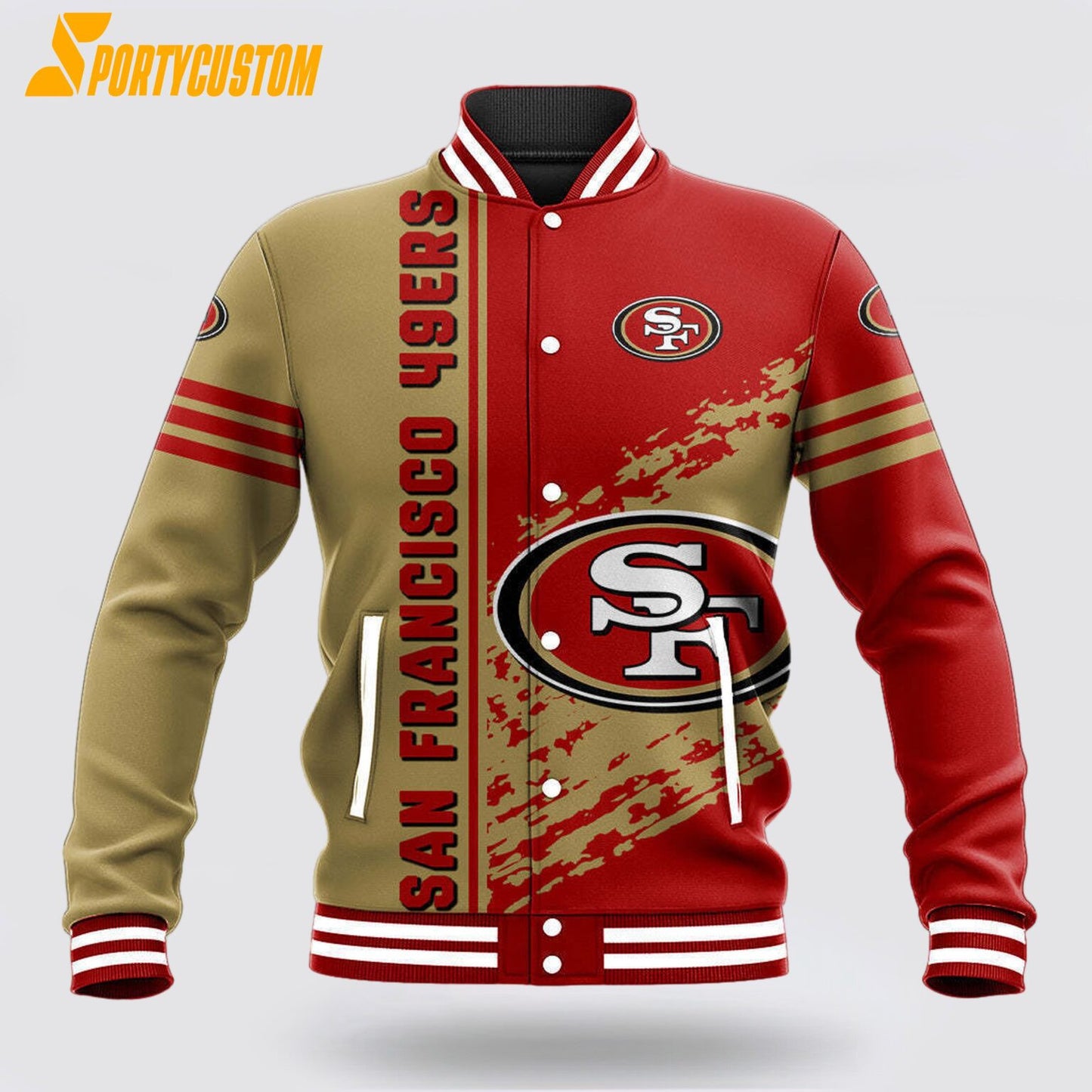 San Francisco 49ers Logo Baseball Jacket Varsity Jacket - Red/Gold - All-Over-Printed Jacket