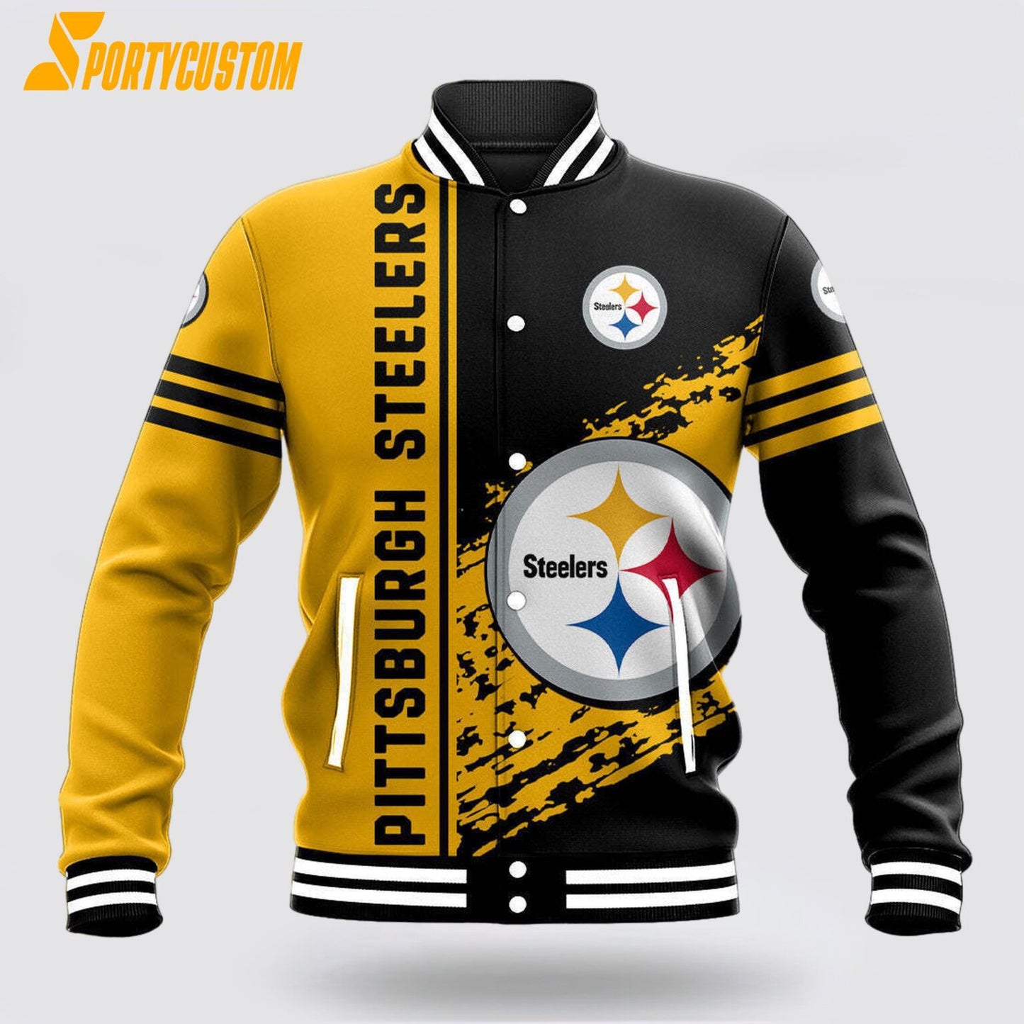 Pittsburgh Steelers Logo Baseball Jacket Varsity Jacket - Black/Gold - All-Over-Printed Jacket