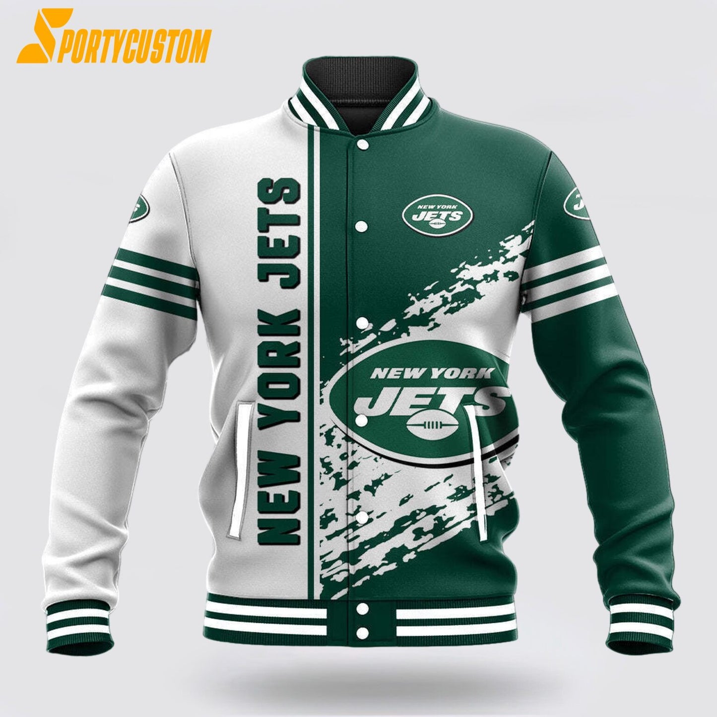 New York Jets Logo Baseball Jacket Varsity Jacket - Green/White - All-Over-Printed Jacket