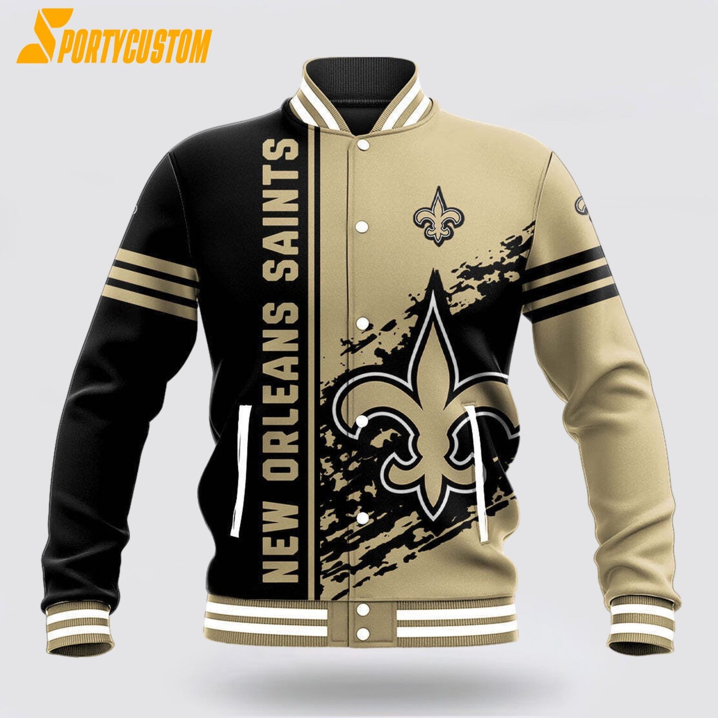 New Orleans Saints Logo Baseball Jacket Varsity Jacket - Cream/Black - All-Over-Printed Jacket