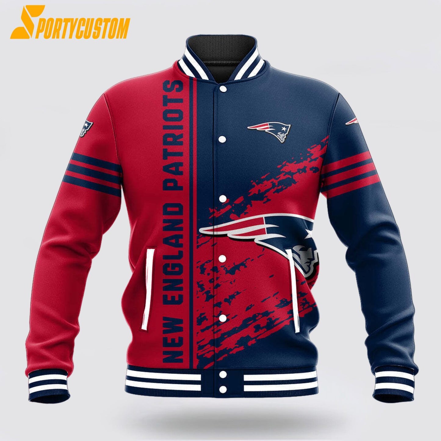 New England Patriots Logo Baseball Jacket Varsity Jacket - Navy/Red - All-Over-Printed Jacket