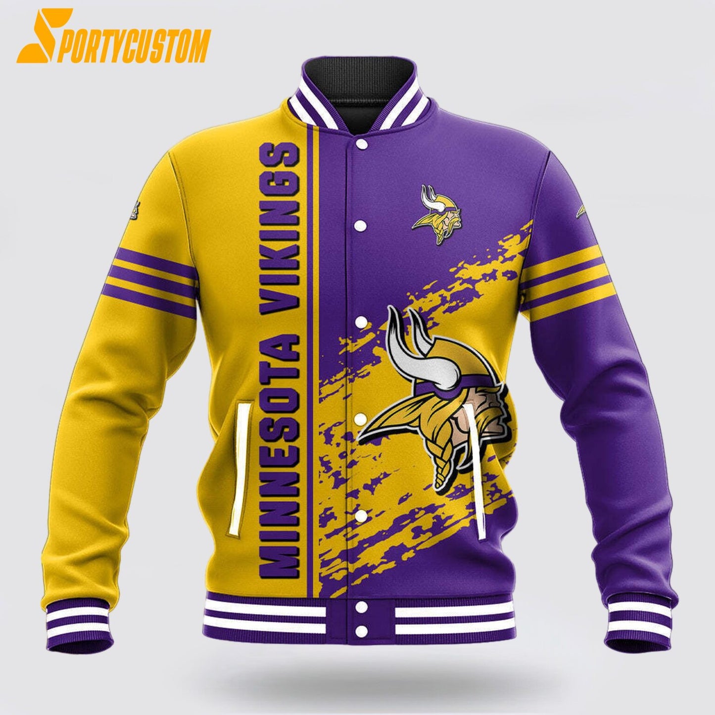 Minnesota Vikings Logo Baseball Jacket Varsity Jacket - Purple/Gold - All-Over-Printed Jacket