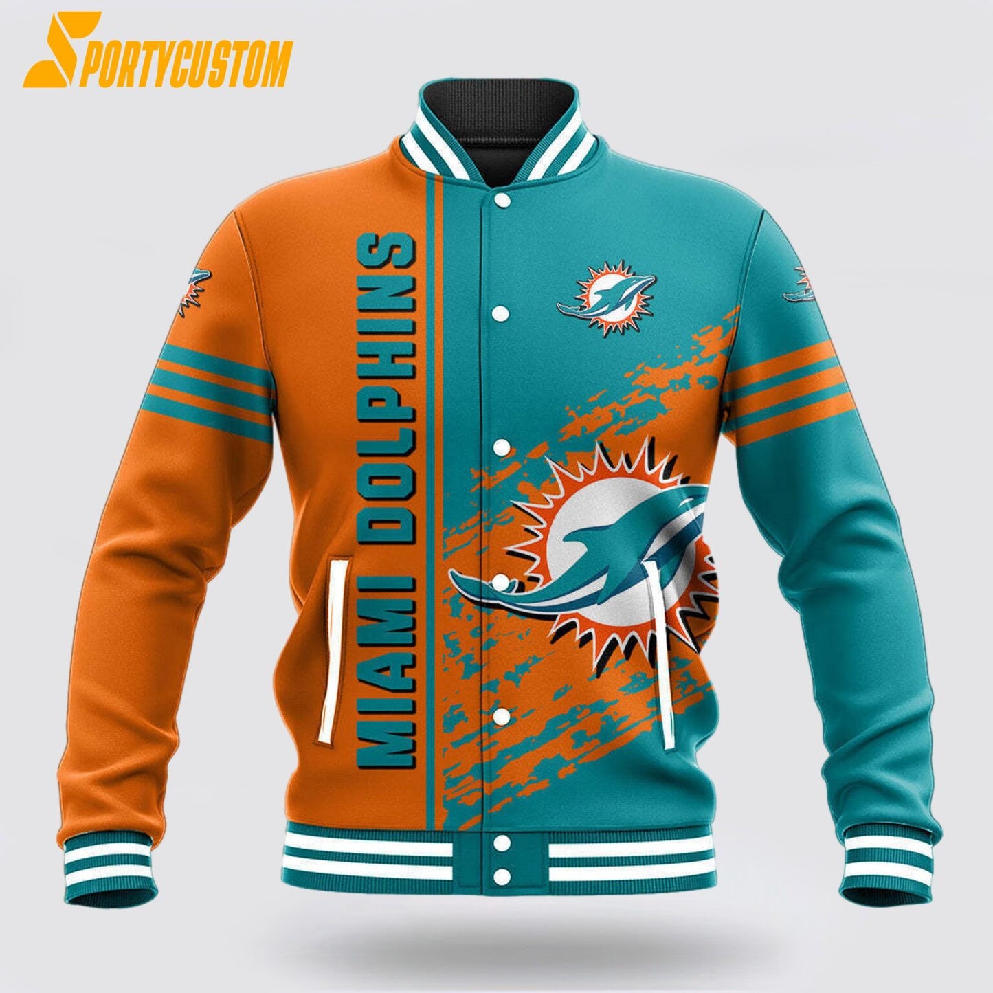 Miami Dolphins Logo Baseball Jacket Varsity Jacket - Aqua/Orange - All-Over-Printed Jacket