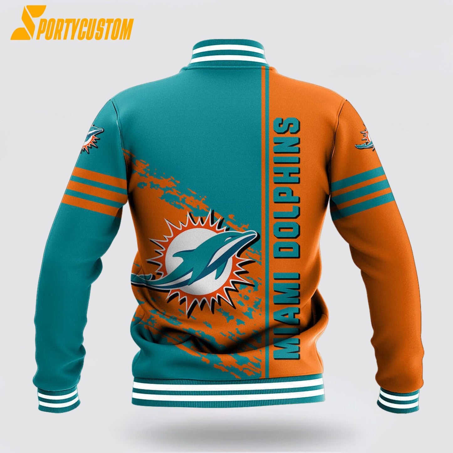 Miami Dolphins Logo Baseball Jacket Varsity Jacket - Aqua/Orange - All-Over-Printed Jacket