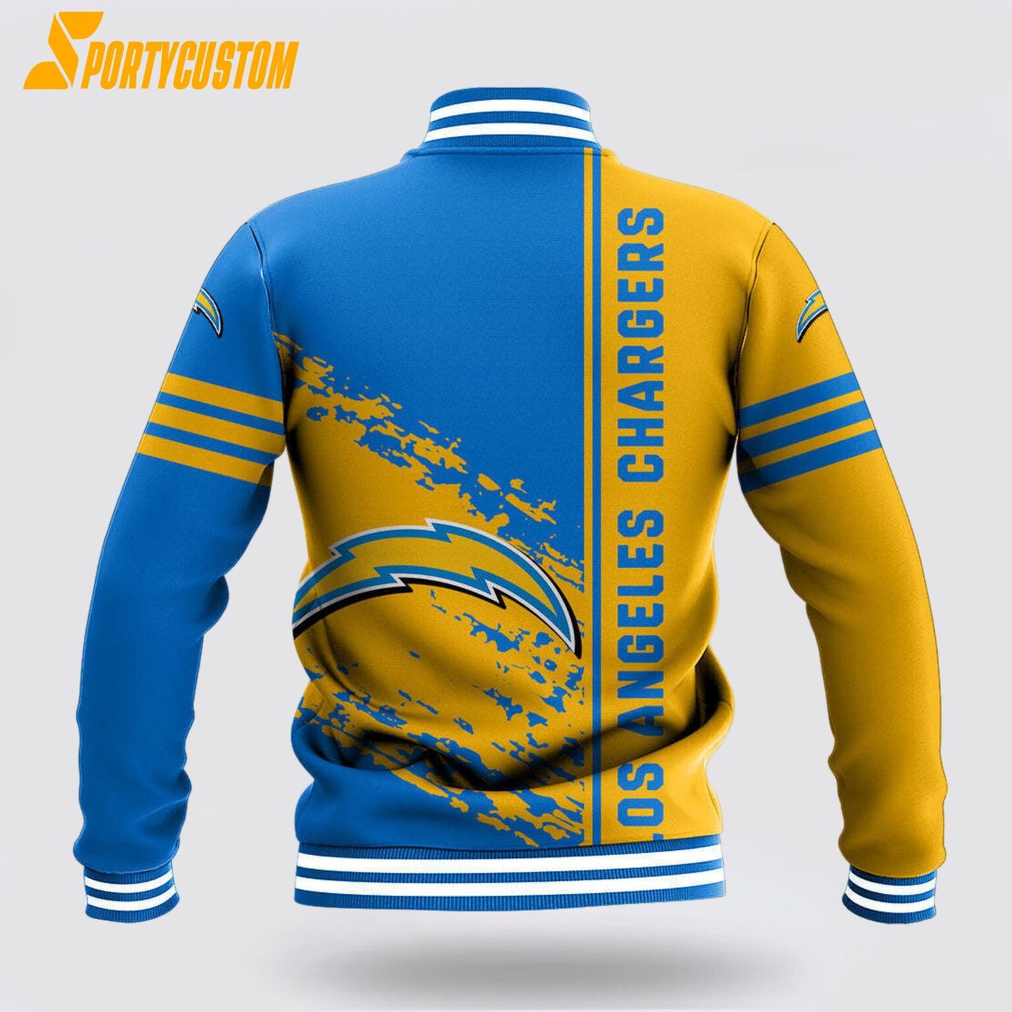 Los Angeles Chargers Logo Baseball Jacket Varsity Jacket - Powder Blue/Yellow - All-Over-Printed Jacket