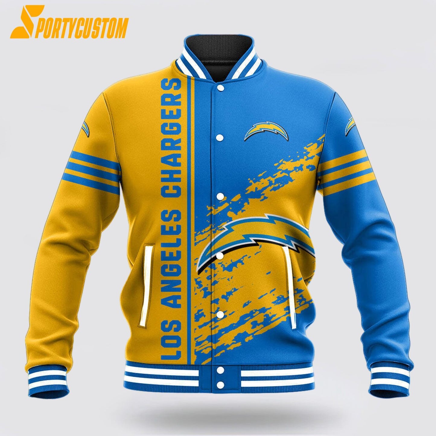 Los Angeles Chargers Logo Baseball Jacket Varsity Jacket - Powder Blue/Yellow - All-Over-Printed Jacket