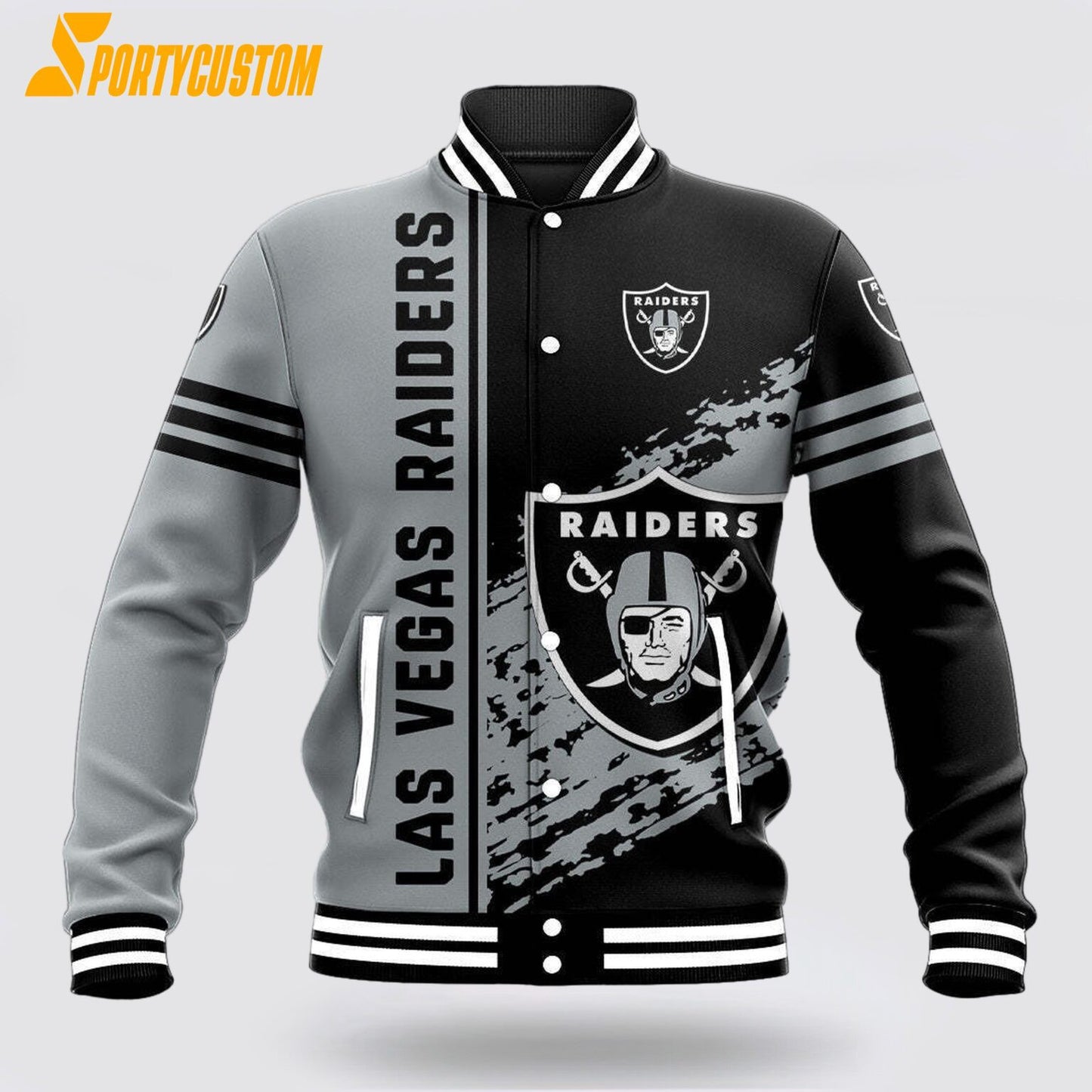 Las Vegas Raiders Logo Baseball Jacket Varsity Jacket - Black/Silver - All-Over-Printed Jacket