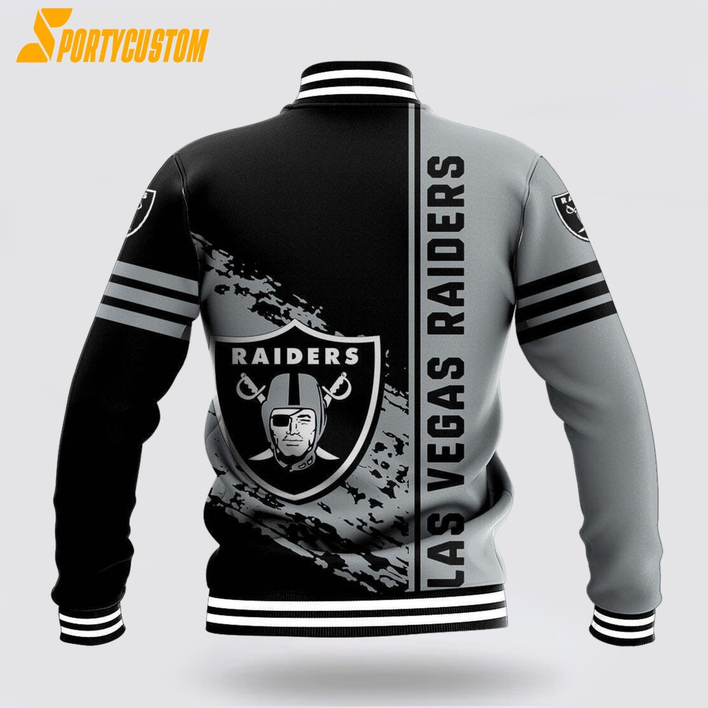Las Vegas Raiders Logo Baseball Jacket Varsity Jacket - Black/Silver - All-Over-Printed Jacket