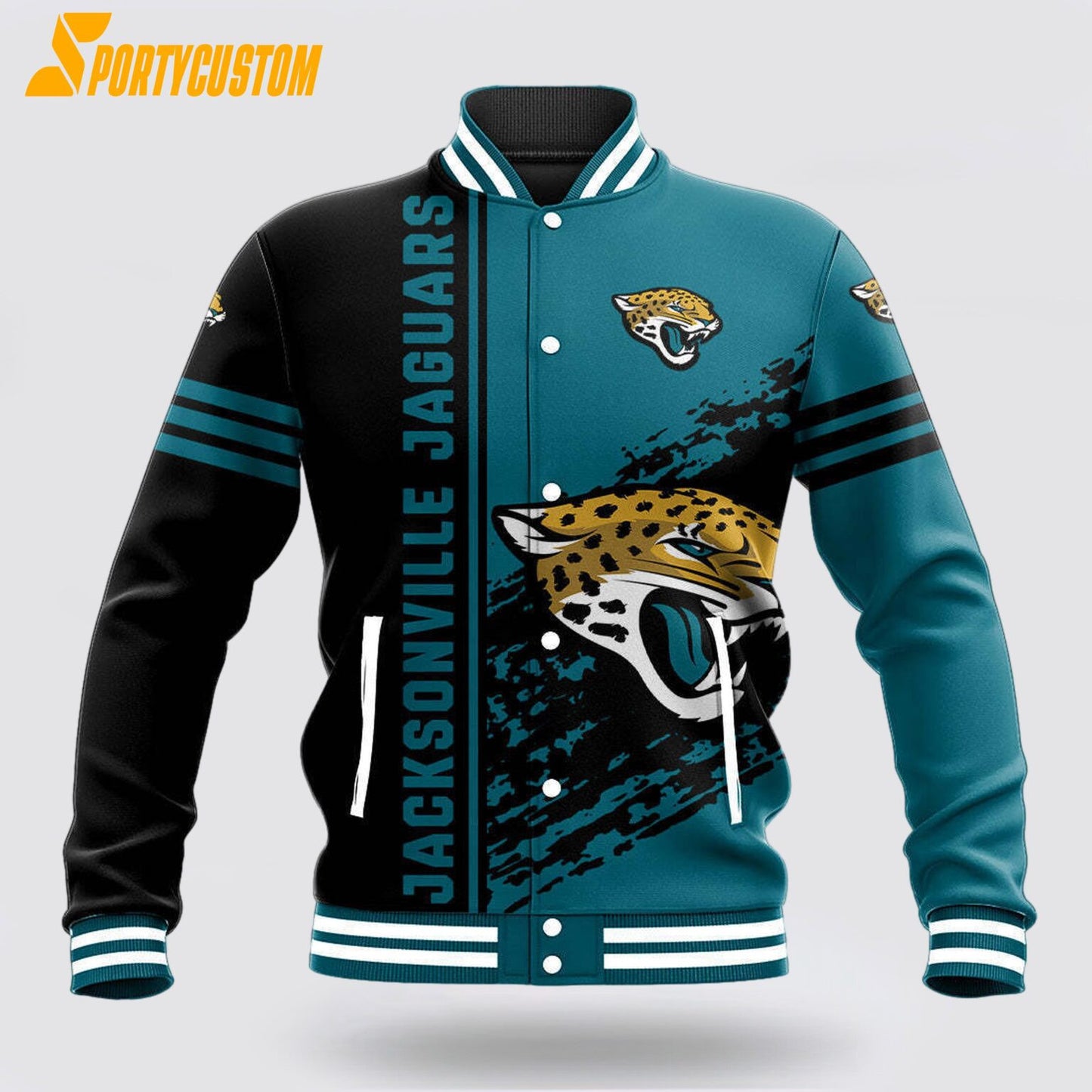 Jacksonville Jaguars Logo Baseball Jacket Varsity Jacket - Teal/Black - All-Over-Printed Jacket