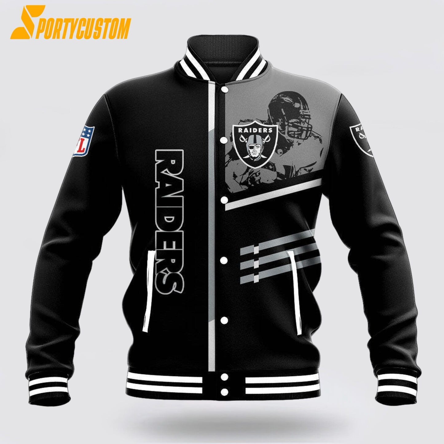 Las Vegas Raiders Player Baseball Jacket Varsity Jacket - Black - All-Over-Printed Jacket