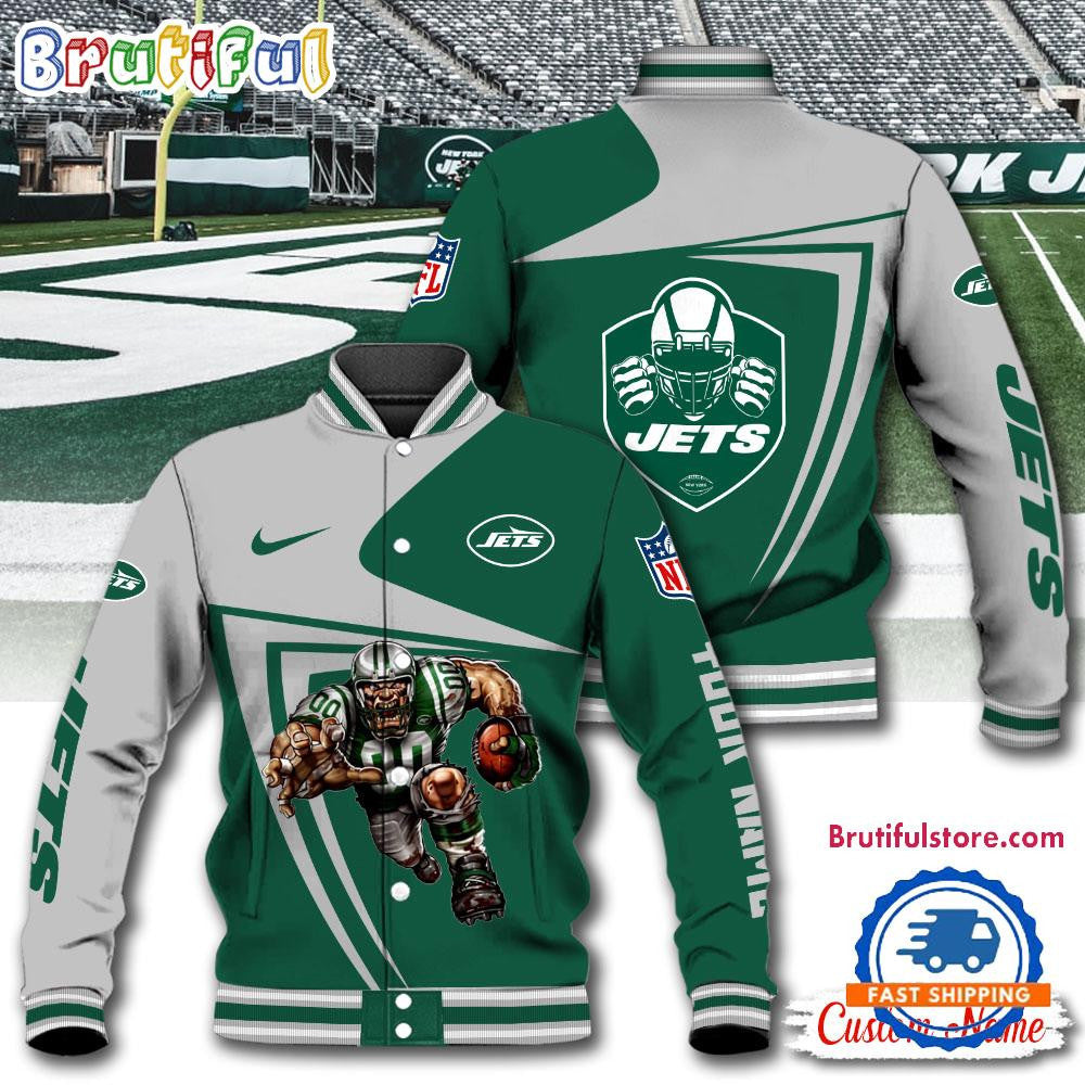 New York Jets Football Mascot Limited New Design Baseball Jacket Varsity Jacket - Green - All-Over-Printed Jacket
