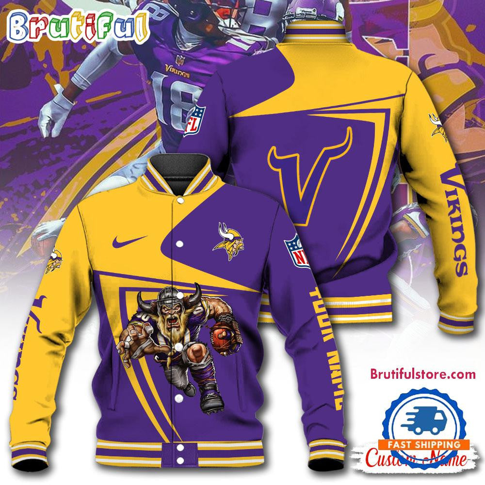 Minnesota Vikings Football Mascot Limited New Design Baseball Jacket Varsity Jacket - Purple - All-Over-Printed Jacket