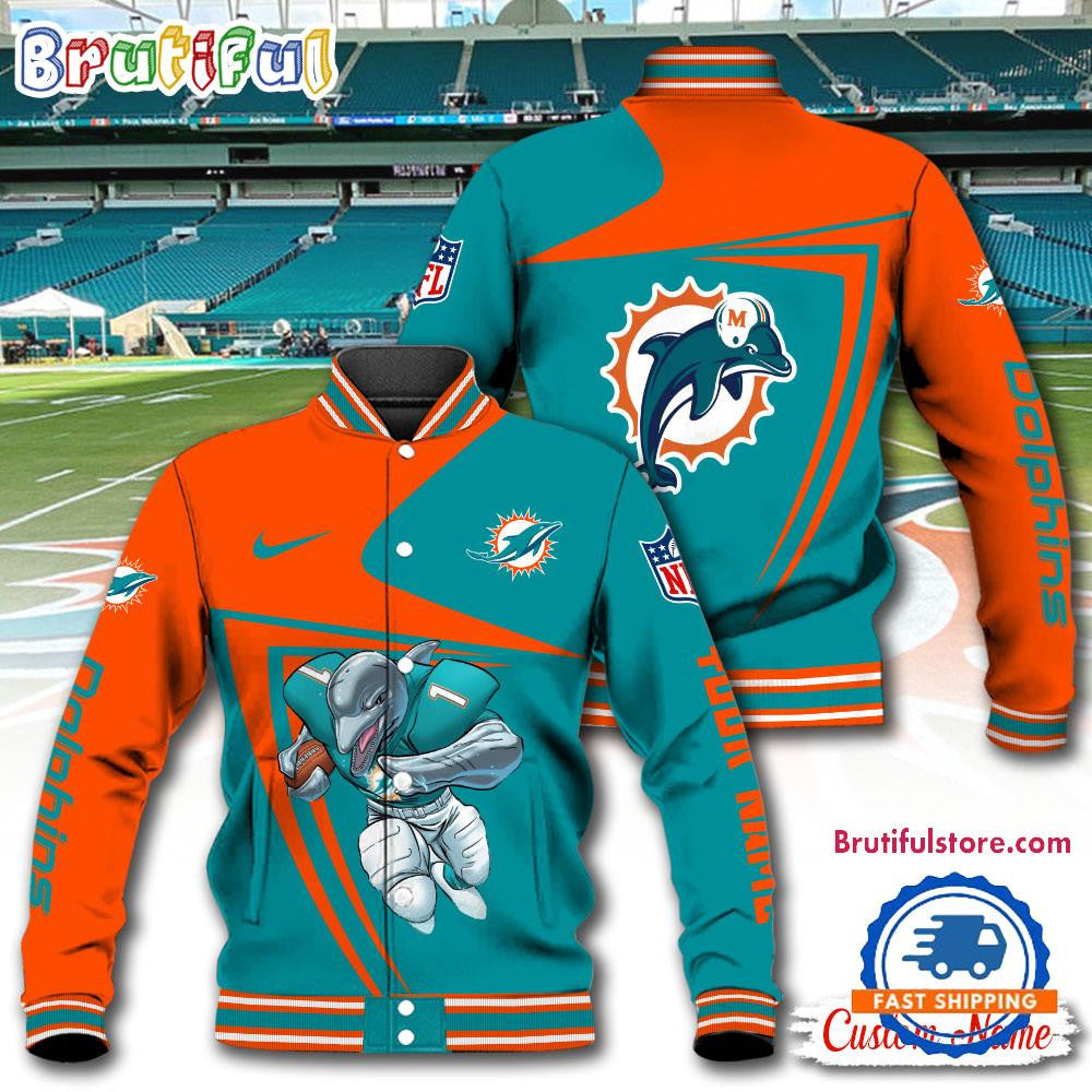 Miami Dolphins Football Mascot Limited New Design Baseball Jacket Varsity Jacket - Aqua - All-Over-Printed Jacket