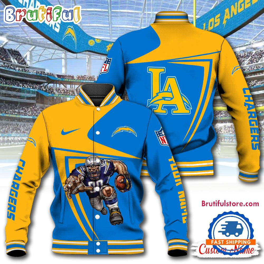 Los Angeles Chargers Football Mascot Limited New Design Baseball Jacket Varsity Jacket - Powder Blue - All-Over-Printed Jacket