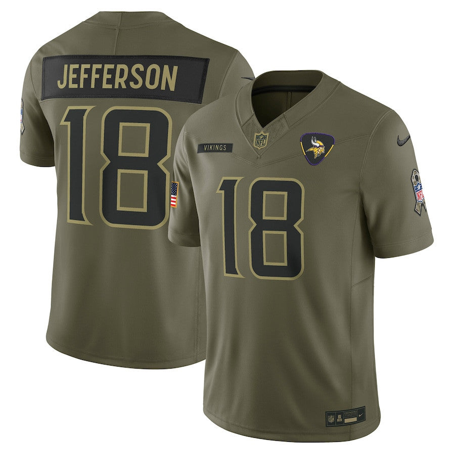 Justin Jefferson 18 Minnesota Vikings 2025 Salute To Service Men Jersey - Olive