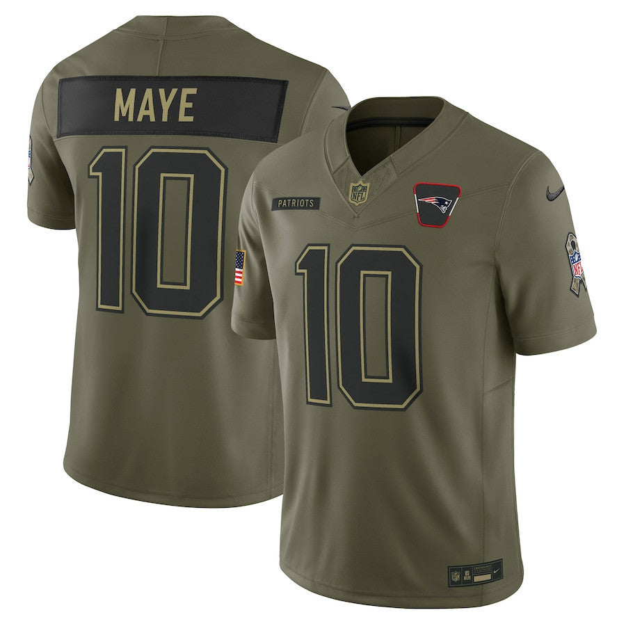 Drake Maye 10 New England Patriots 2025 Salute To Service Men Jersey - Olive