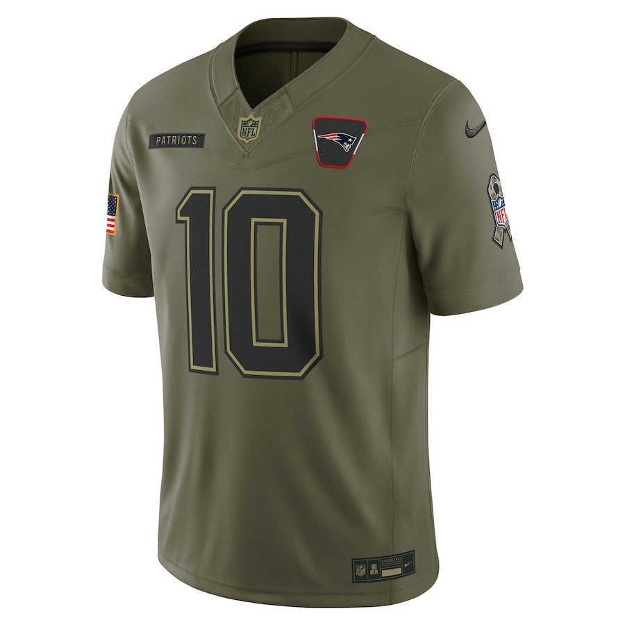 Drake Maye 10 New England Patriots 2025 Salute To Service Men Jersey - Olive