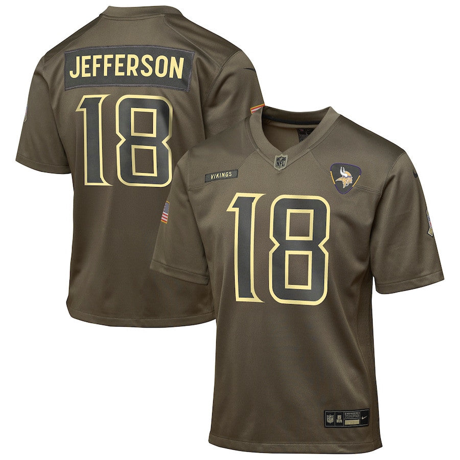 Justin Jefferson 18 Minnesota Vikings 2025 Salute to Service YOUTH Jersey - Olive