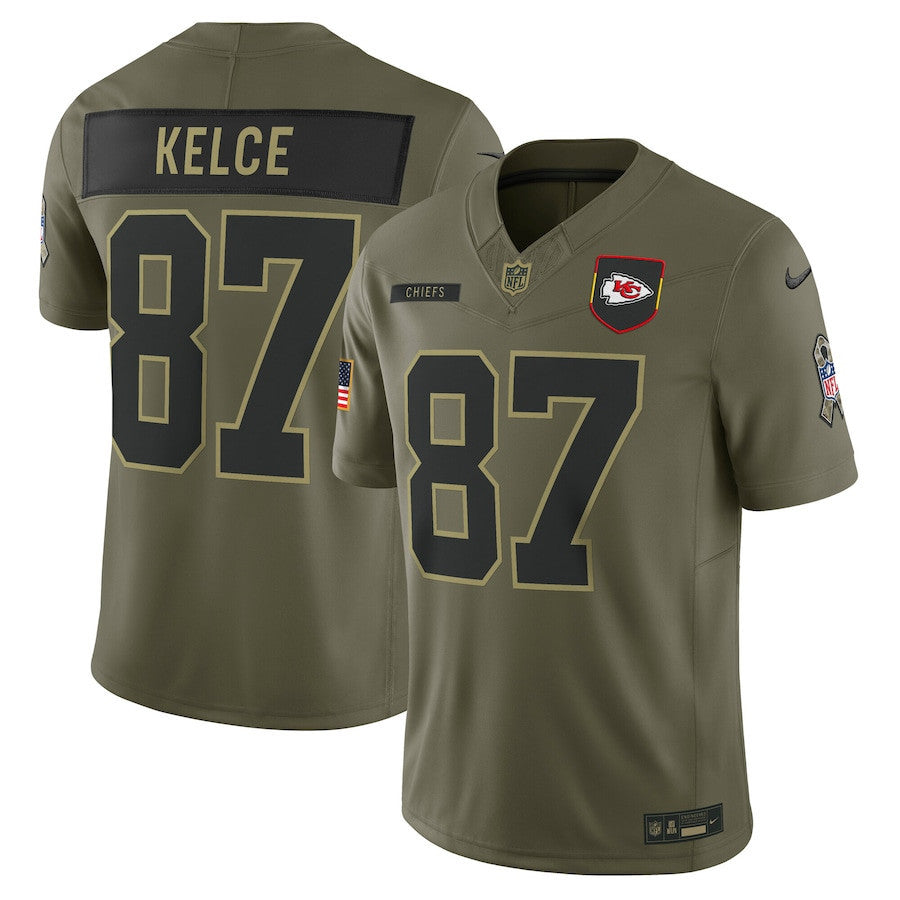 Travis Kelce 87 Kansas City Chiefs 2025 Salute To Service Men Jersey - Olive