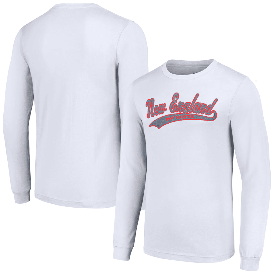 New England Patriots Long Sleeve T-Shirt – Script Logo Print – Fan Style - White